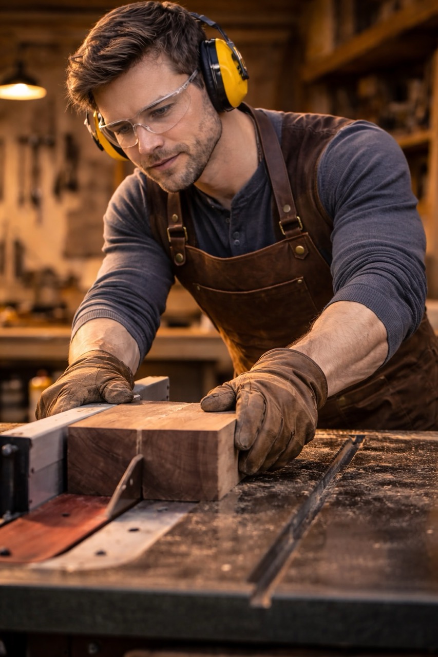 Woodworker cutting walnut for a chessboard